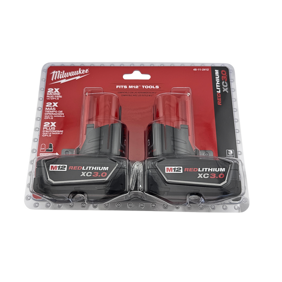 Packaging of Milwaukee M12 Red Lithium XC 3.0 batteries on a white background