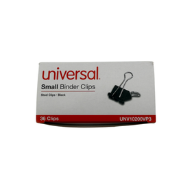 Box of Universal small binder clips on a white background