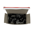 Box of black paper clips on a white background