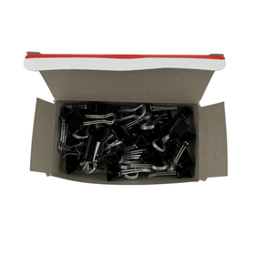 Box of black paper clips on a white background