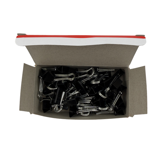 Box of black paper clips on a white background