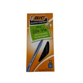 Box of BIC Xtra Life Vie ball pens with a pen and cap on a white background