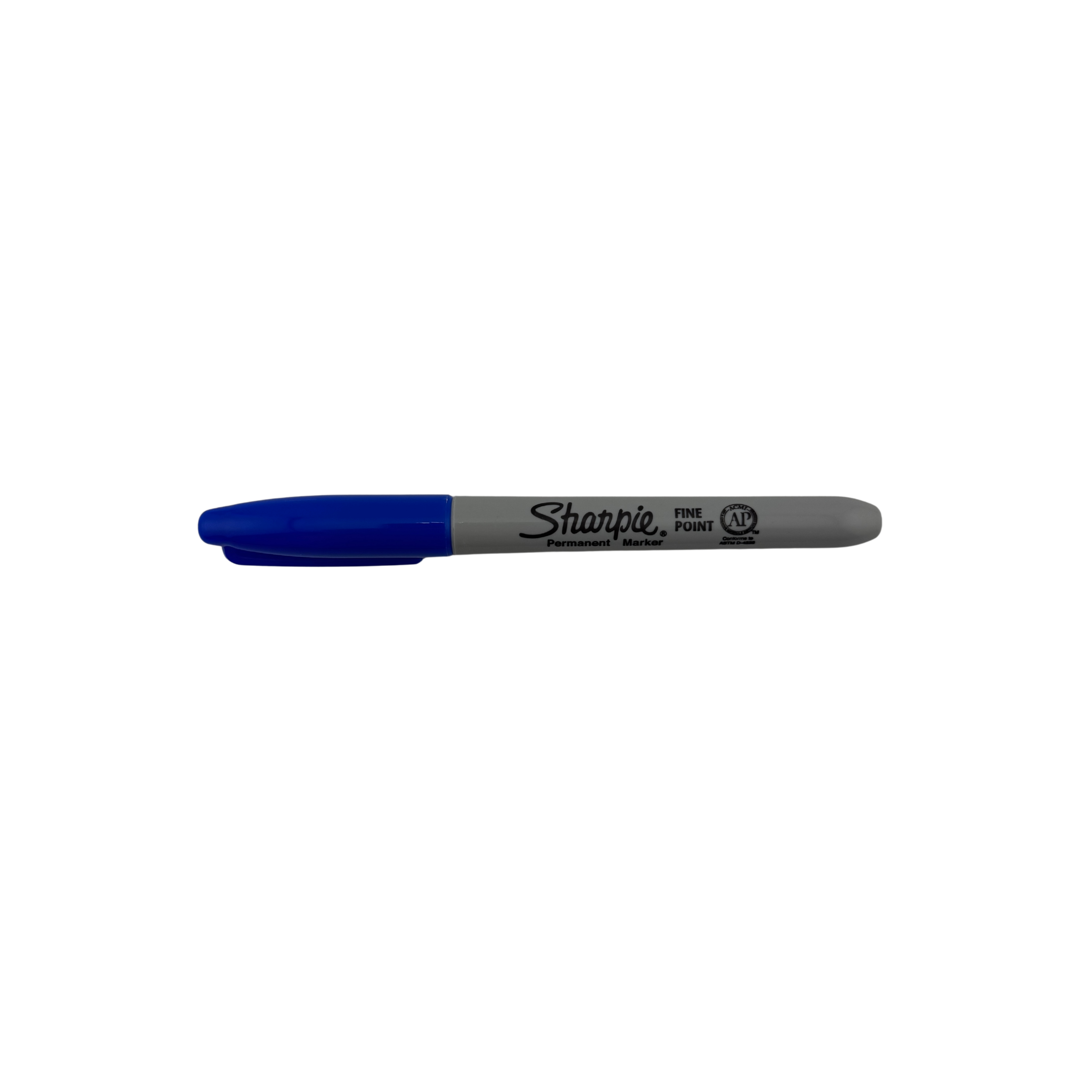 Sharpie marker with blue cap and gray body on a white background