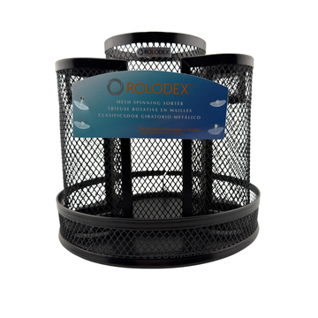 Black Rolodex mesh spinning sorter on a white background