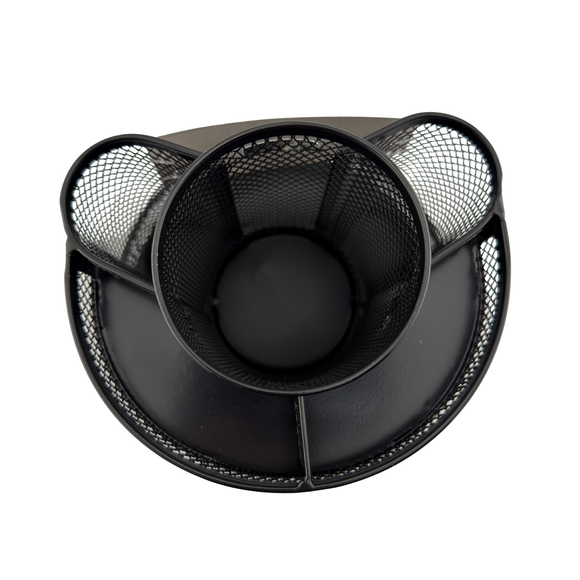 Black mesh desk organizer with compartments on a white background