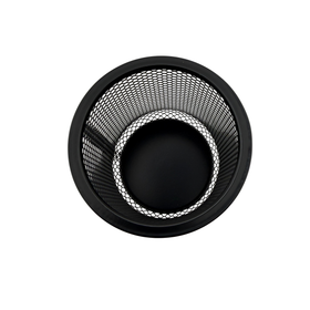 Black metal mesh basket on a white background