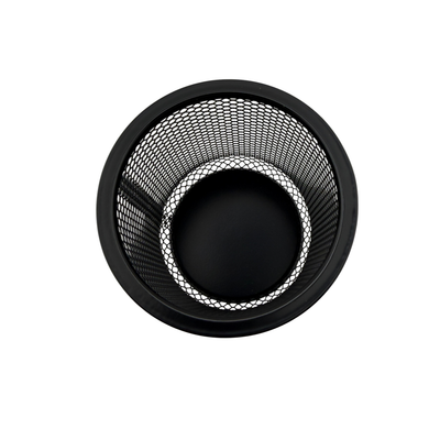 Black metal mesh basket on a white background