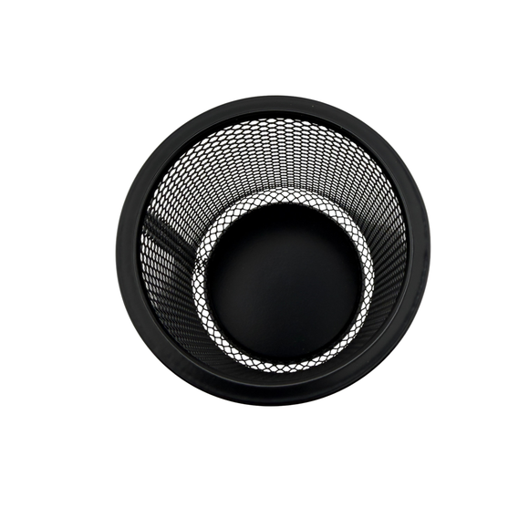 Black metal mesh basket on a white background