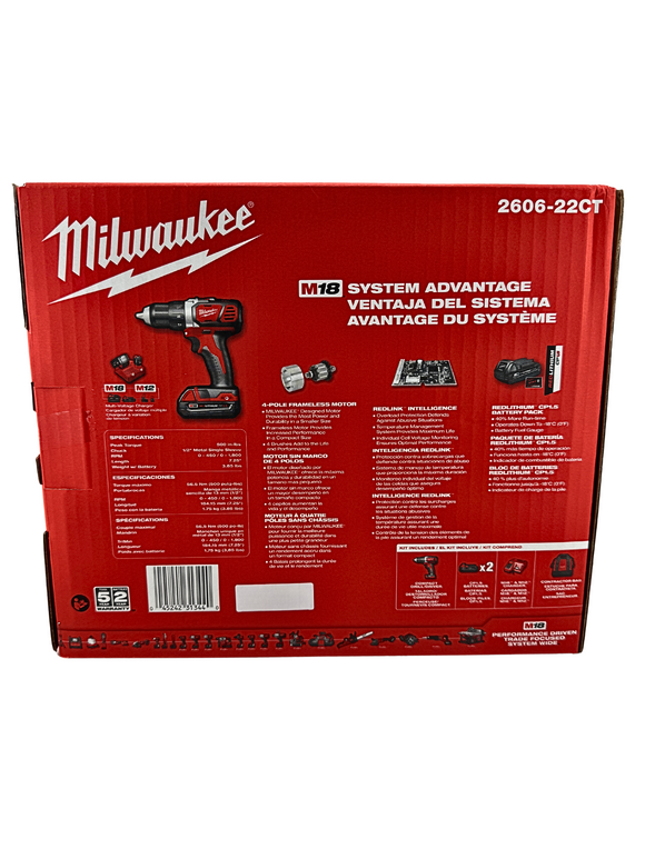 Red Milwaukee tool box with product details on a white background