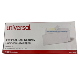 Box of Universal #10 Peel Seal Security Business Envelopes on a white background