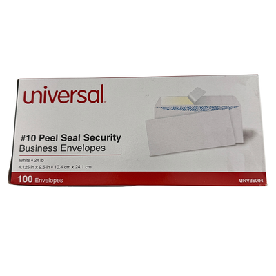 Box of Universal #10 Peel Seal Security Business Envelopes on a white background