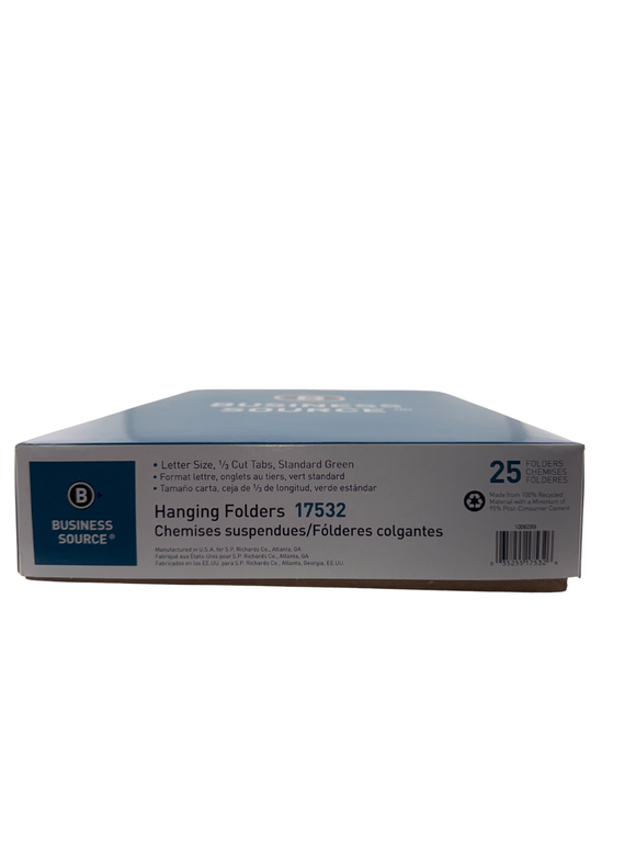 Box of Business Source hanging folders on a white background