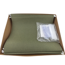 Green file folders with a clear plastic bag containing white items inside a cardboard box on a white background