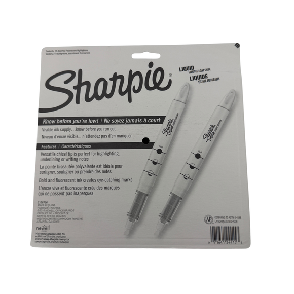 Sharpie liquid marker set on packaging with text and branding.