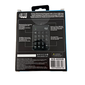 Back view of a Adesso mechanical keypad packaging with specifications and branding.