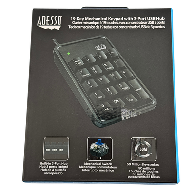 Adesso 19-key mechanical keypad packaging with USB hub on a black background