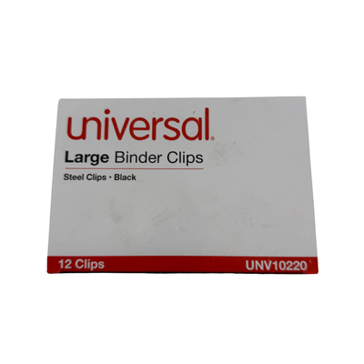Box of Universal large binder clips on a white background
