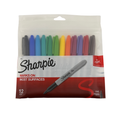 Pack of Sharpie markers in various colors with a clear window on a white background