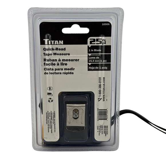 Titan Quick-Read tape measure in packaging on a white background