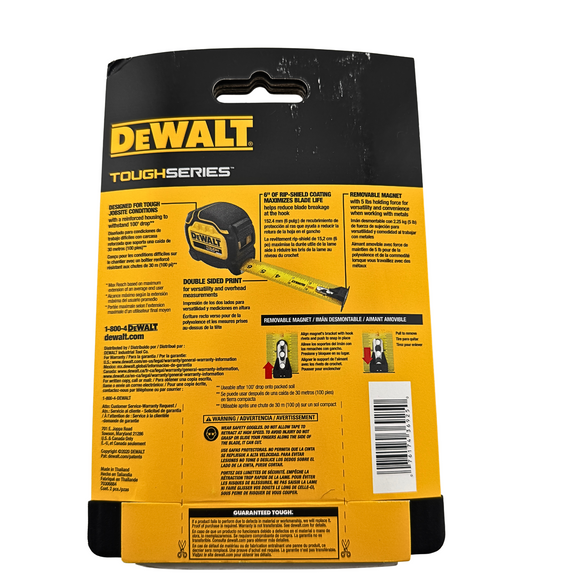 DeWalt tape measure packaging with yellow and black design