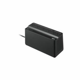 Black power strip with multiple outlets on a white background