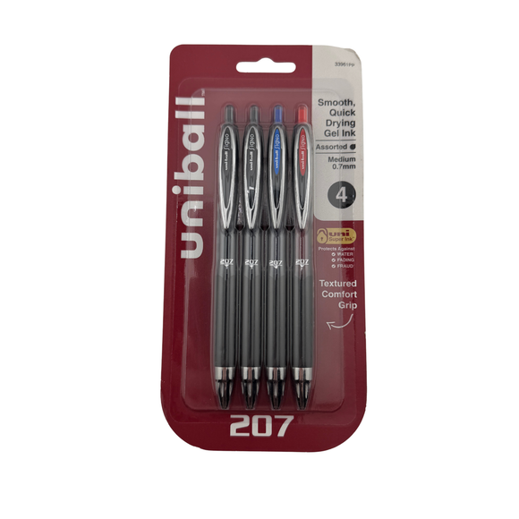 Pack of Uniball 207 pens with red packaging on a white background