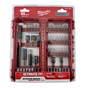Milwaukee tool set packaging with various drill bits and accessories on a white background