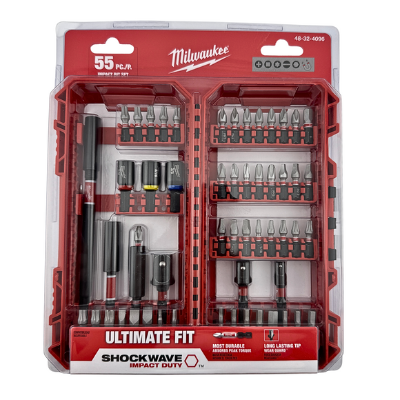 Milwaukee tool set packaging with various drill bits and accessories on a white background