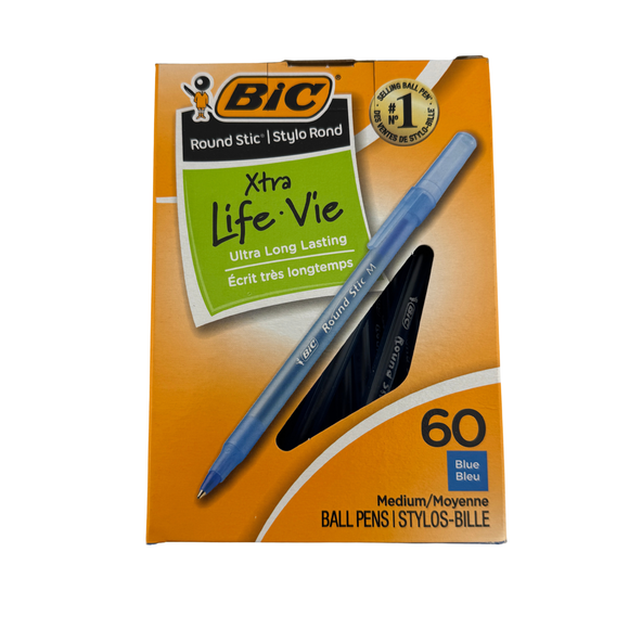 Box of BIC Round Stic ball pens with a blue pen on an orange background
