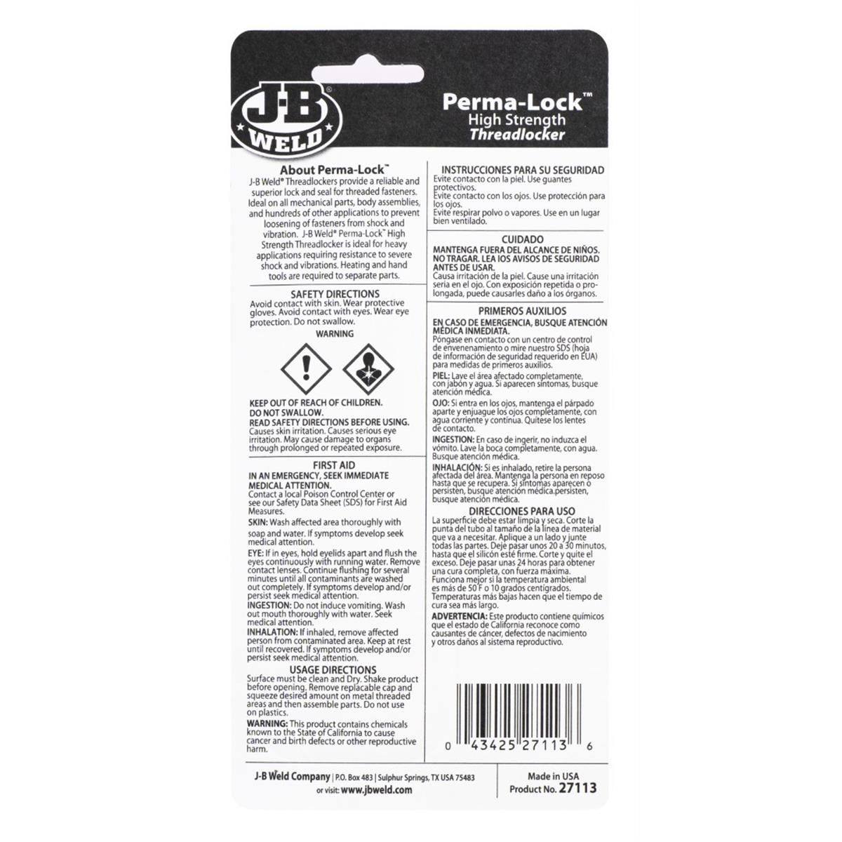J-B Weld Threadlocker - Perma-Lock High Strength Red 13ml - 0