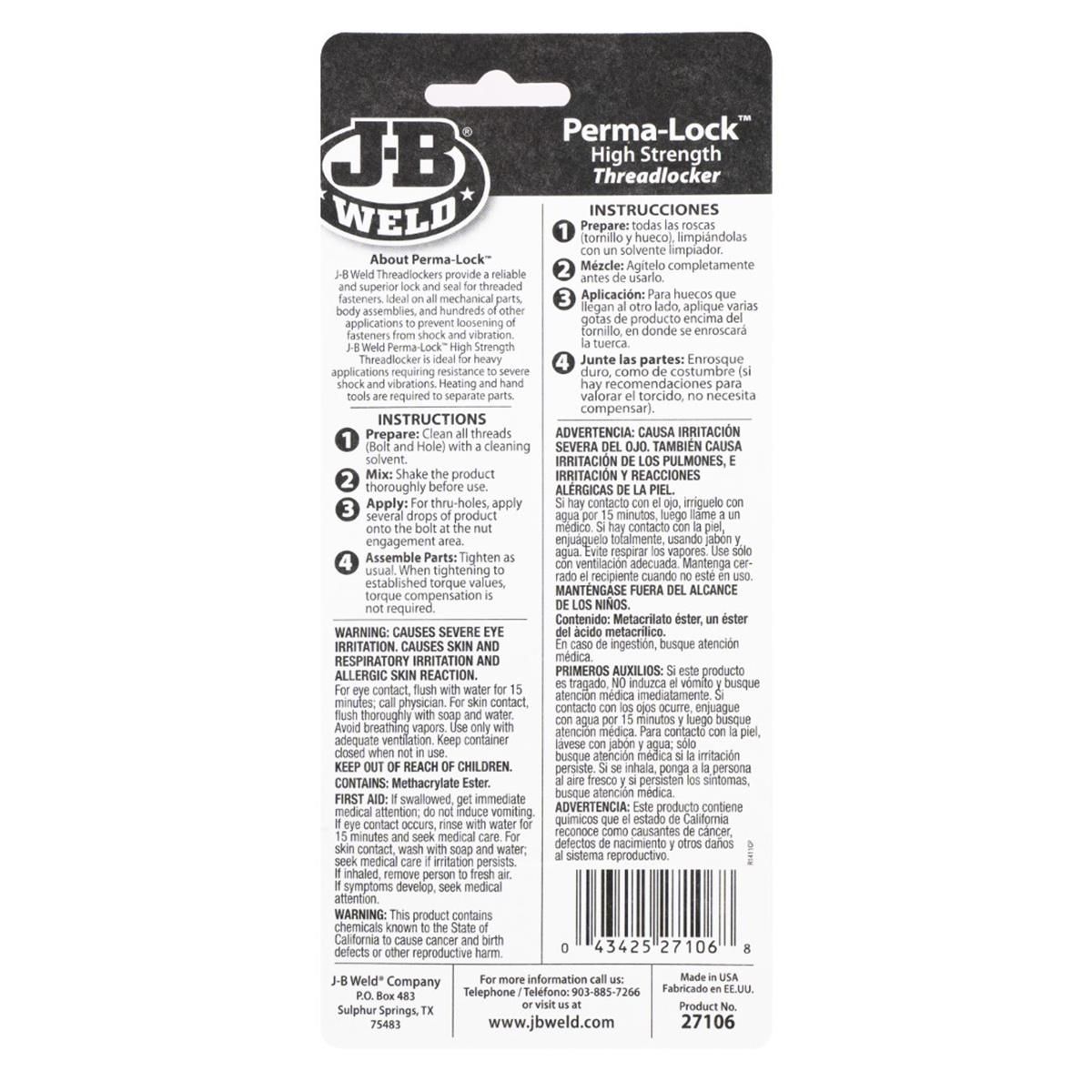 J-B Weld Threadlocker - Perma-Lock High Strength Red 6ml - 0