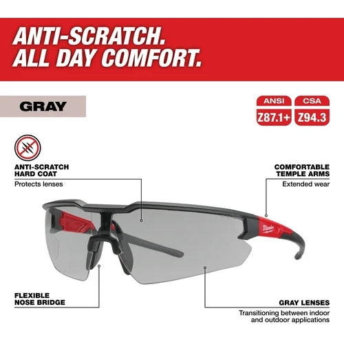 Milwaukee Tool Safety Glasses - Gray Anti-Scratch Lenses - 0