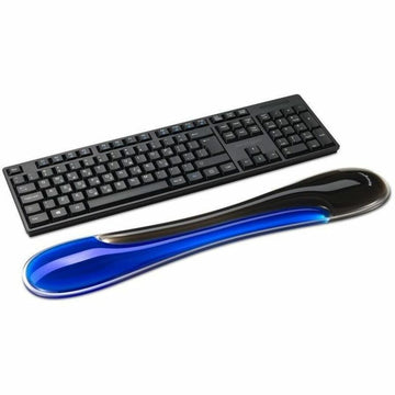 Black keyboard and blue wrist rest on a white background