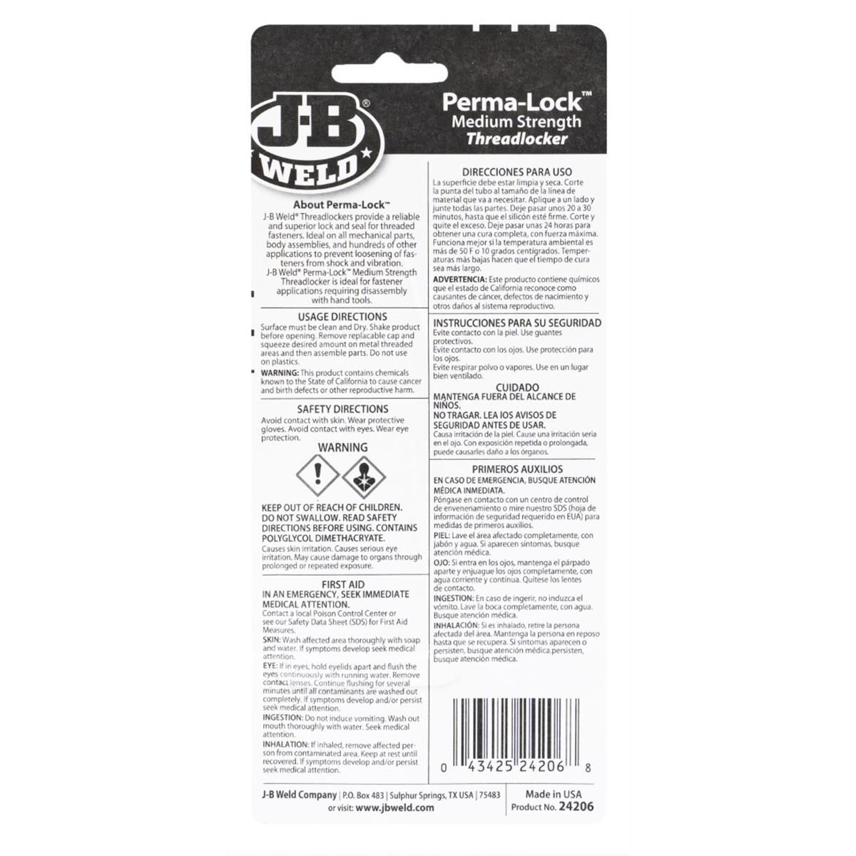 J-B Weld Threadlocker - Perma-Lock Medium Strength Blue 6ml - 0