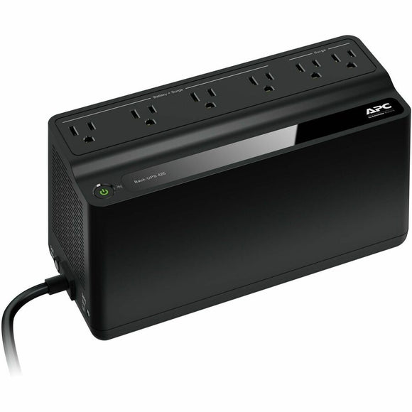 Black APC power strip with multiple outlets on a white background