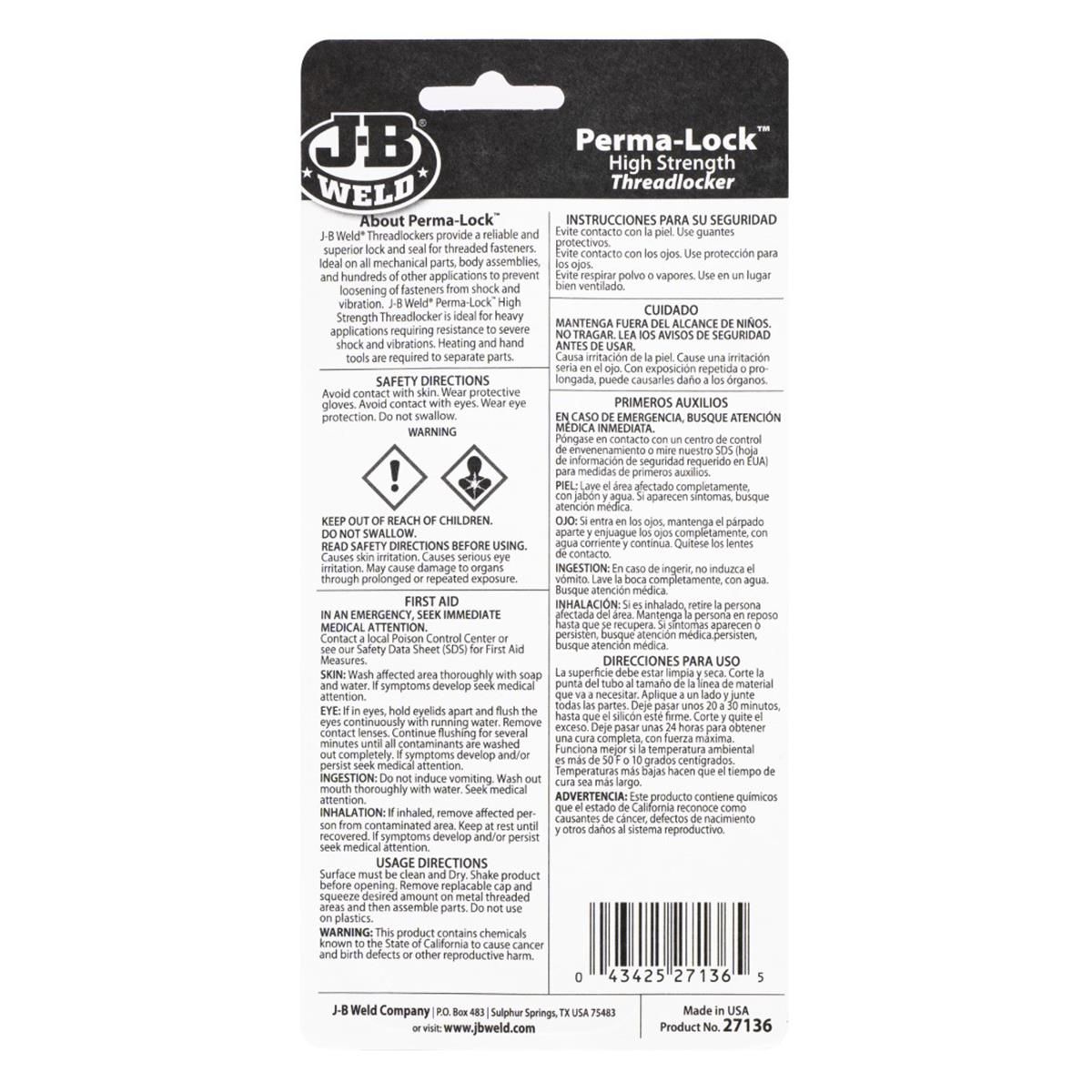 J-B Weld Threadlocker - Perma-Lock High Strength Red 36ml - 0