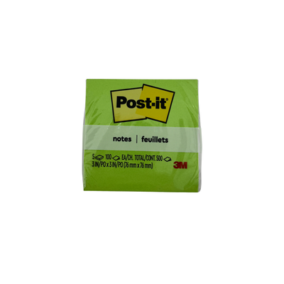 Green Post-it notes packaging with 3M logo on a white background