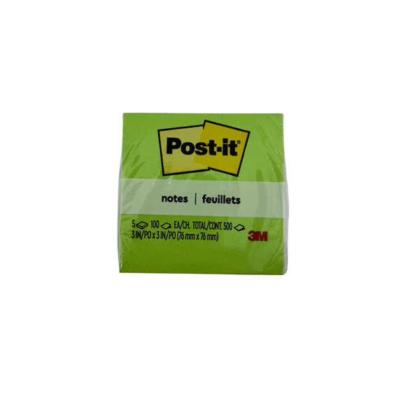 Green Post-it notes packaging with 3M logo on a white background