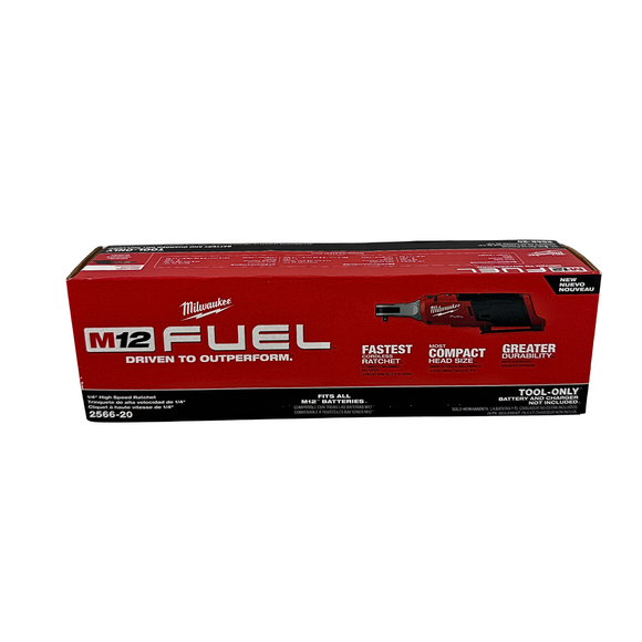 Red Milwaukee M12 FUEL tool box on a white background