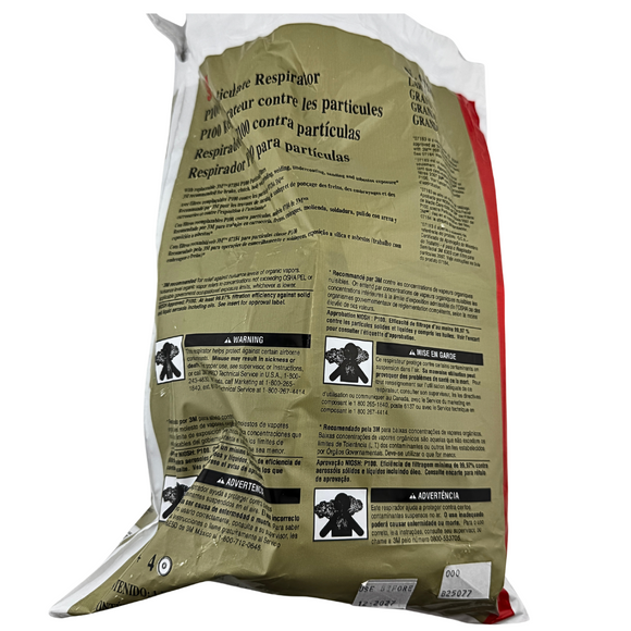 Back view of a respirator packaging with text and warning labels on a white background