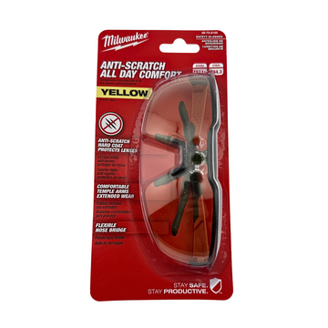 Packaged safety glasses with red Milwaukee packaging on a white background