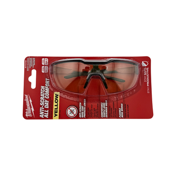 Packaged Safety Glasses with Yellow Lenses and Visible Branding