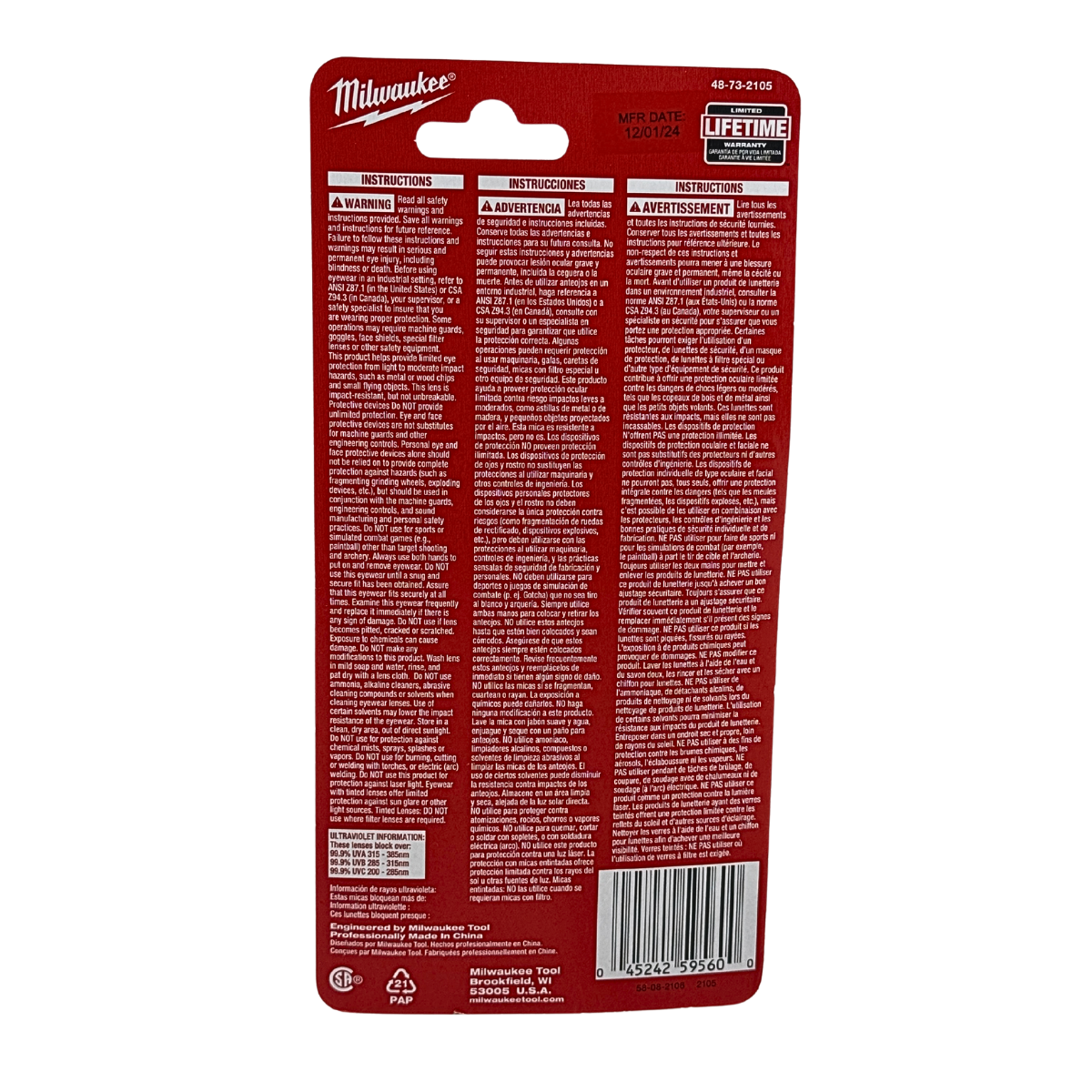 Red Milwaukee tool packaging with text and barcode on a white background
