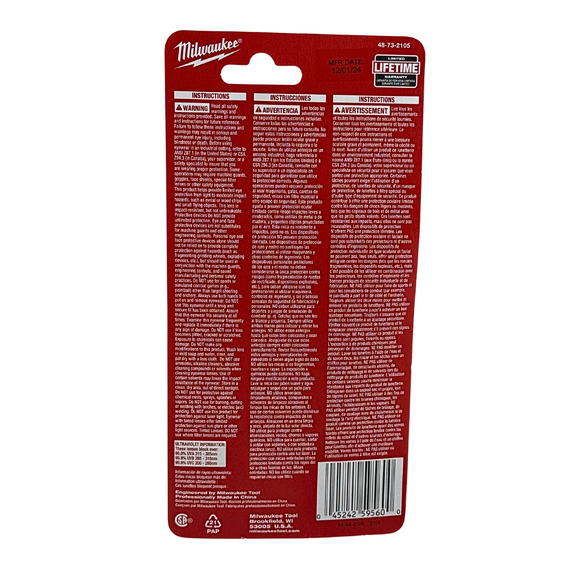Red Milwaukee tool packaging with text and barcode on a white background
