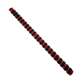 Red and black striped object on a white background