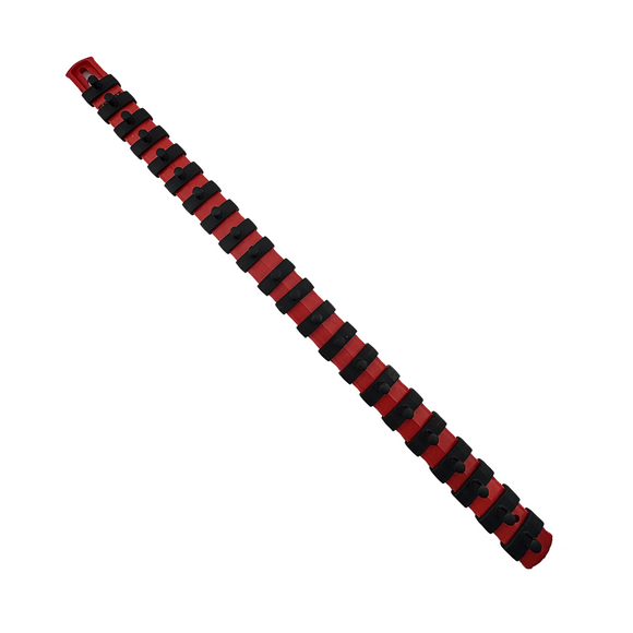 Red and black striped object on a white background