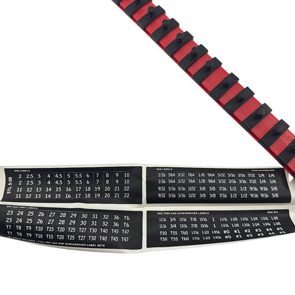 Picture of Stickers with a Red and Black object sitting diagonally next to it.