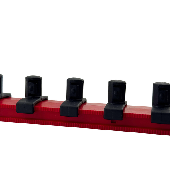 Red tool with black attachments on a white background