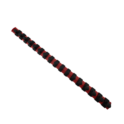 Black and red striped object on a white background