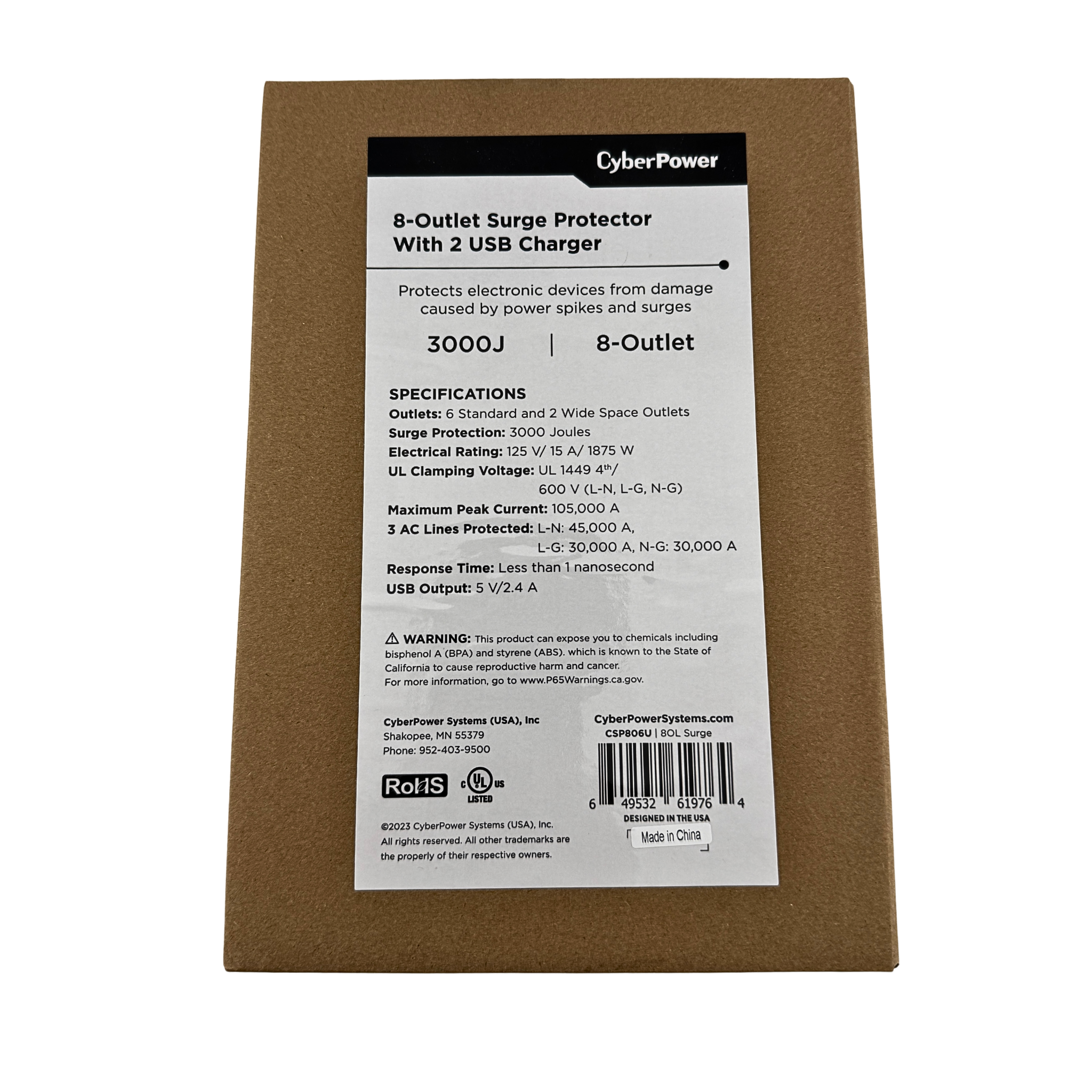CyberPower CSP806U Professional 8-Outlet Surge Protector - 3000 J Surge Suppression